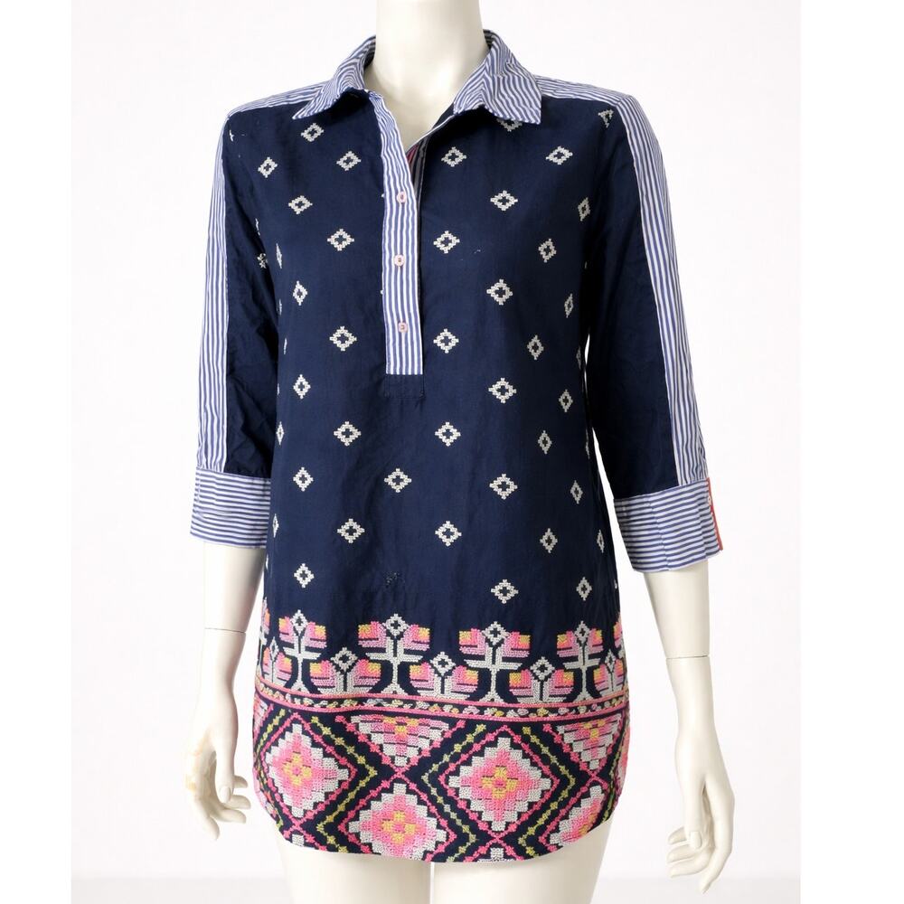 Hilary Radley Katherine Barclay Womens Large Popver Tunic Top Navy Embroidered